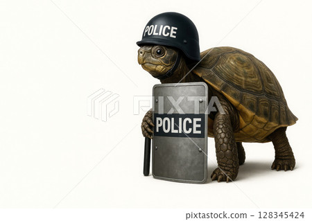 A turtle with a helmet and a police shield. Space for text. A turtle with a helmet and a police shield. Space for text. 128345424