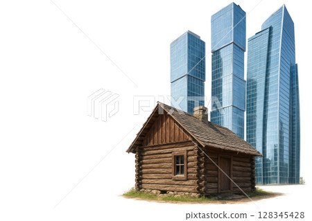 A wooden hut against a backdrop of skyscrapers. Space for text. 128345428