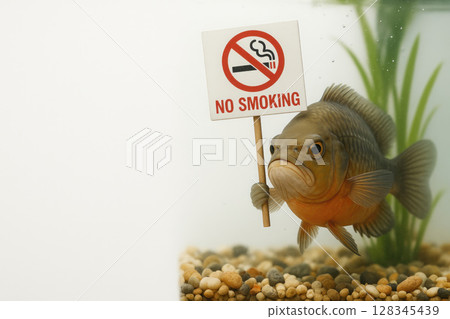 The fish is holding the No smoking sign in the aquarium. Space for text. 128345439