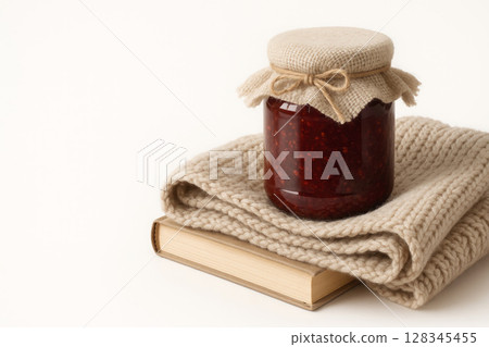 A jar of jam on a knitted scarf and a book. Space for text. 128345455