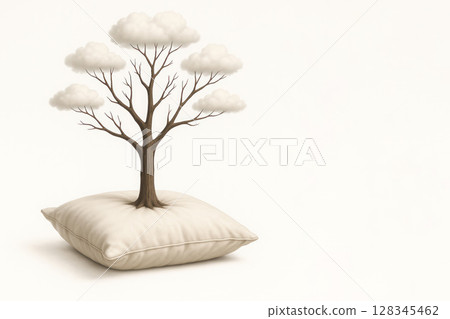A tree with clouds on a pillow as a symbol of dreams. Space for text. A tree with clouds on a pillow as a symbol of dreams. Space for text. 128345462