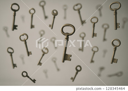 A lot of ancient keys hung in the air. 128345464