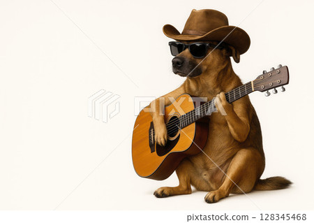 A dog in a cowboy hat playing the guitar. Space for text. A dog in a cowboy hat playing the guitar. Space for text. 128345468