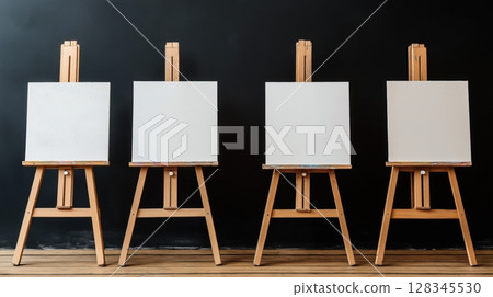 modern kitchen countertop with a white countertop and white cabinets. On the countertop, there are various kitchen items such as bottles, jars, plants, and a wooden cutting board	 128345530