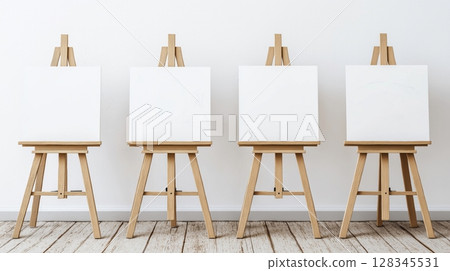wooden easels arranged in a row against a white wall. The easels are made of light-colored wood and have a simple design with a flat top and four legs wooden easels arranged in a row against a white wall. The easels are made of light-colored wood and have a simple design with a flat top and four legs 128345531