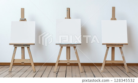 wooden easels arranged in a row against a white wall. The easels are made of light-colored wood and have a simple design with a flat top and four legs wooden easels arranged in a row against a white wall. The easels are made of light-colored wood and have a simple design with a flat top and four legs 128345532