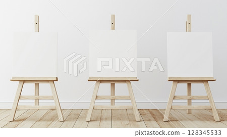 wooden easels arranged in a row against a white wall. The easels are made of light-colored wood and have a simple design with a flat top and four legs wooden easels arranged in a row against a white wall. The easels are made of light-colored wood and have a simple design with a flat top and four legs 128345533