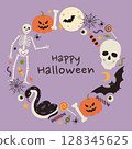 Happy Halloween round frame on purple background with pumpkins, skeleton, moon, bat, skull, snake, web, spiders, bones and candies. Holiday banner, poster, greeting card. Vector flat illustration 128345625