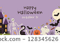 Happy Halloween horizontal banner on purple background with pumpkin, skeleton, ghost, moon, bat, skull, castle, snake, bones and candies. Holiday frame, poster, greeting card. Vector flat illustration 128345626