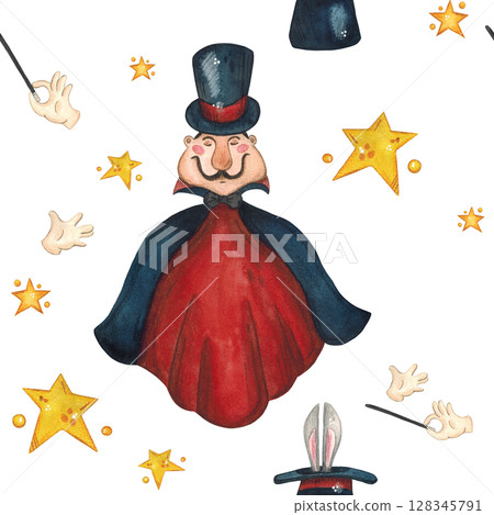 Magician, yellow stars, hands, magic wand and hat with rabbit ears Magician, yellow stars, hands, magic wand and hat with rabbit ears 128345791