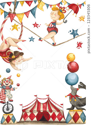 Colorful poster, circus, animals and performers against the background of flags and stars Colorful poster, circus, animals and performers against the background of flags and stars 128345806