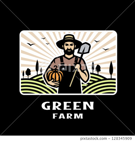 Farmer with a shovel and a pumpkin in his hands against the background of a farm on a dark background. 128345909