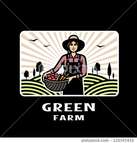Farmer girl with a basket of vegetables on a dark background. Farmer girl with a basket of vegetables on a dark background. 128345910