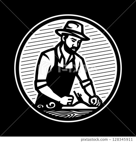 Carpenter with a plane a farm on a dark background. Carpenter with a plane a farm on a dark background. 128345911