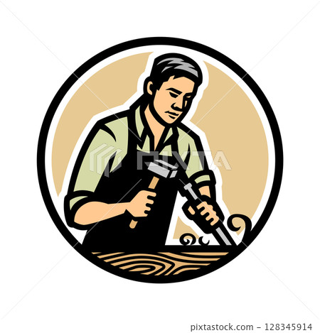 Carpenter with a chisel and hammer. Carpenter with a chisel and hammer. 128345914