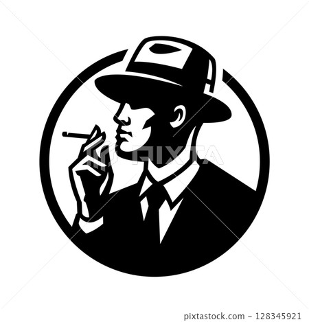 Silhouette of a man in a hat smoking a cigarette. Silhouette of a man in a hat smoking a cigarette. 128345921