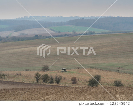 View down to the Devils Den, a dolmen burial chamber, Fyfield, Wiltshire View down to the Devils Den, a dolmen burial chamber, Fyfield, Wiltshire 128345942