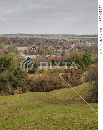 View over Marlborough, the Neolithic mound, and College, Wiltshire View over Marlborough, the Neolithic mound, and College, Wiltshire 128345953
