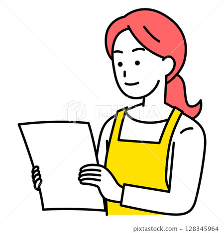 A woman in an apron looking at documents 128345964