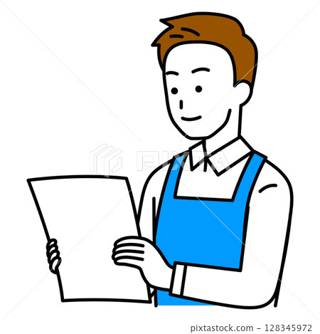 一名穿著圍裙的男子正在查看文件 一名穿著圍裙的男子正在查看文件 128345972