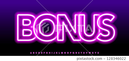 Neon bonus alphabet, glowing 3D letters, vibrant casino font for poker promo, slot banner, cashback tag, Vegas label, online deal, luminous typographic design. Vector typeset 128346022