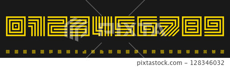 Modular numeric font, abstract maze grid numbers and letters, coded techno structure for futuristic poster visuals, NFT mood, visual branding system, digital block digits. Vector typeset. 128346032