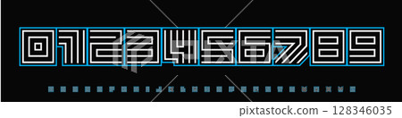 Font Logo Numbers Numeric Alphabet Typography Design Vector Type Typeface. Modular techno digits with maze-like grid, neon-outlined intensity for esports titles, sci-fi UI, arcade, futuristic stream. Font Logo Numbers Numeric Alphabet Typography Design Vector Type Typeface. Modular techno digits with maze-like grid, neon-outlined intensity for esports titles, sci-fi UI, arcade, futuristic stream. 128346035