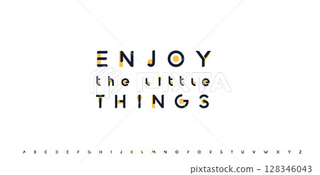Enjoy the little things lettering, inspirational quote, motivational phrase. Futuristic geometric alphabet logo font. Vector illustration Enjoy the little things lettering, inspirational quote, motivational phrase. Futuristic geometric alphabet logo font. Vector illustration 128346043