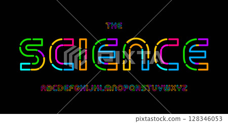 Kid Science educational font, STEM colorful alphabet for scientific headline, funny scientific game and lessons book typographic design. Modern vector typeset 128346053