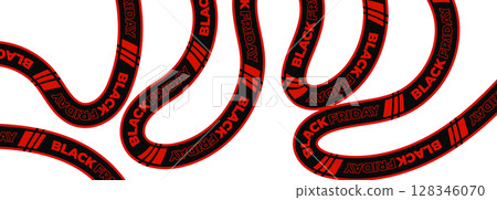 Black Friday wavy tape with bold red text and double stripe marks on black wave ribbon. Ideal for digital product design, ecommerce banners, UI content, online promo campaigns. Vector illustration. Black Friday wavy tape with bold red text and double stripe marks on black wave ribbon. Ideal for digital product design, ecommerce banners, UI content, online promo campaigns. Vector illustration. 128346070