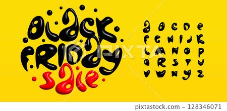 Black Friday 3D alphabet, ink blot letters, playful funky volumetric font for flyer ad, banner, poster, signage logo, discount promo headline. Catchy bold holiday shopping typography. Vector typeset. Black Friday 3D alphabet, ink blot letters, playful funky volumetric font for flyer ad, banner, poster, signage logo, discount promo headline. Catchy bold holiday shopping typography. Vector typeset. 128346071