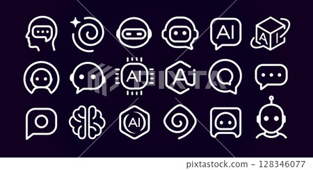 AI chatbot icon set with brain, robot, chip, speech, circuit, assistant symbols. Outline linear design for smart tech, neural networks, UI, machine learning, futuristic apps. Vector illustration. 128346077