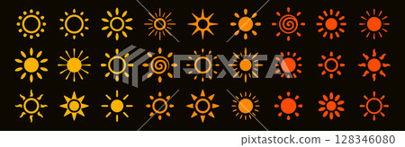 Sun icon set with stylized solar shapes, spiral rays, abstract heat symbols. Collection of bright summer, energy, weather, climate, day, forecast and sunny light elements. Vector illustration. 128346080