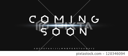 Coming soon typographic design, futuristic banner with glowing light and hexagon font. Sci-fi minimal template for web launch, tech promo, UI UX update. Innovative typography. Vector illustration 128346094