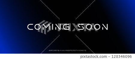 Coming soon futuristic text with scifi techno font on dark blue gradient background. Anticipation, digital energy typography. Announcement banner for startup launch, conference, forum. Vector typeset 128346096