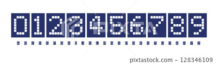 Font Logo Numbers Numeric Alphabet Typography Design Vector Type Typeface. Pixel grid digits with scoreboard style, retro digital impact for sport counters, old-school arcade, countdown layout 128346109