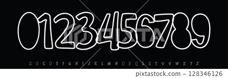 Font Logo Numbers Numeric Alphabet Typography Design Vector Type Typeface. Playful outlined figures, cartoon-style digits with fun curves, perfect for kid sports jerseys, educat, gamified UI Font Logo Numbers Numeric Alphabet Typography Design Vector Type Typeface. Playful outlined figures, cartoon-style digits with fun curves, perfect for kid sports jerseys, educat, gamified UI 128346126