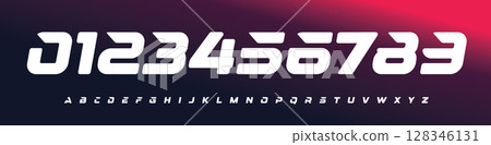 Futuristic Racing Number Font, Strong Bold Slanted Alphabet for e-sport, soccer, sports car branding, race events, esports jersey numbers, or fast-paced digital interfaces. Vector Illustration. 128346131