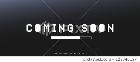 Blocky pixel font for futuristic tech banners, dark UI teasers, product countdowns, digital startup posters. Strong identity for launch visuals and sci-fi branding. Vector typeset 128346157