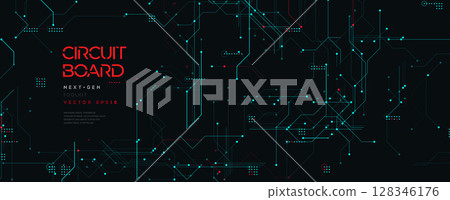 Futuristic Micro Circuit Board Background with Glowing Tech Lines and Digital Data Connections on Dark BG. HighTech Cyber Network Pattern. Micro Processing Concept and Cyberspace. Vector Illustration 128346176
