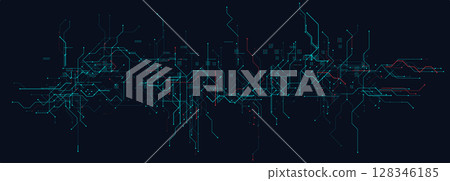 Cyber Circuit Lines With Red and Blue Tech Grid on Dark Background. Futuristic digital interface design with complex technology wiring and glowing nodes. Vector Illustration 128346185