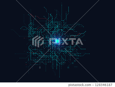 AI Neural Circuit Board Center Glow Data Flow Tech Background. Abstract Futuristic Digital Grid With Glowing Core And Complex Lines On Dark Interface. Cybernetic map BG. Vector Illustration 128346187