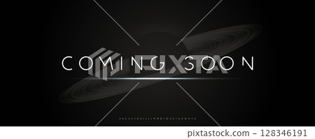 Coming Soon Banner Futuristic Minimal Font, Dark Saturn Planet Rings Background, Light Glow Effect. Ideal For SciFi Projects, Launch Conference, Digital Forum, Modern Games. Vector Illustration 128346191