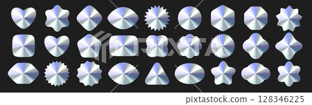 Glossy Metallic Gradient Labels, Empty Stickers, Shapes Set With Chrome Effect. Polished Metal Frame Icons Collection For Logo, Original Sticker, Holographic Label, Promo Design. Vector Illustration Glossy Metallic Gradient Labels, Empty Stickers, Shapes Set With Chrome Effect. Polished Metal Frame Icons Collection For Logo, Original Sticker, Holographic Label, Promo Design. Vector Illustration 128346225