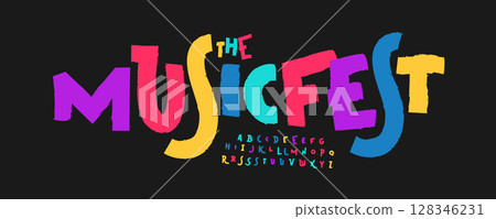 Carnival funky font, colorful cartoon alphabet, playful groovy letters, joyful festive type for bright happy logo, funny comic headline, bouncy typography, creative fiesta typeface. Vector typeset 128346231