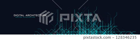 Digital Data Network Architecture With Glowing Lines And Abstract Circuit Patterns On Dark Background. Futuristic Grid System And High-Tech Connectivity Visualization. Vector Illustration. 128346235