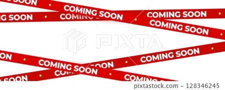 Coming Soon Red Banner Tape Stripe for shop opening, sale launch, retail notice, store ad, campaign teaser, product arrival, marketing layout. Product promotional clearance. Vector Illustration. Coming Soon Red Banner Tape Stripe for shop opening, sale launch, retail notice, store ad, campaign teaser, product arrival, marketing layout. Product promotional clearance. Vector Illustration. 128346245