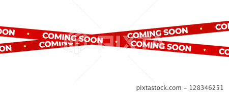 Coming Soon Red Banner Tape Stripe for shop opening, sale launch, retail notice, store ad, campaign teaser, product arrival, marketing layout. Product promotional clearance. Vector Illustration. 128346251