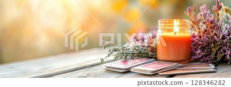 Mystical tarot card spread with candlelight and sage on a wooden table at sunset Mystical tarot card spread with candlelight and sage on a wooden table at sunset 128346282