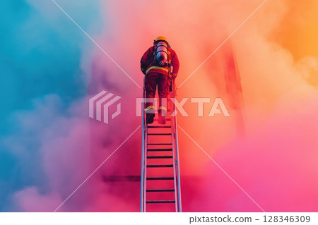 Firefighter climbs ladder to rescue individual from colorful smoke during emergency response 128346309